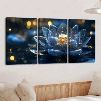 3pcs Vibrant Lotus Flower Stunning Blue & Gold Wall Art Set Canvas Framed 40x60cm - High Quality Print 100% Australian Made Wall Canvas Ready to Hang