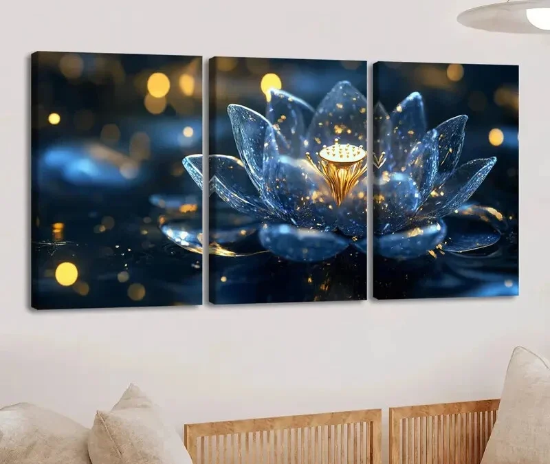 3pcs Vibrant Lotus Flower Stunning Blue & Gold Wall Art Set Canvas Framed 40x60cm – High Quality Print 100% Australian Made Wall Canvas Ready to Hang