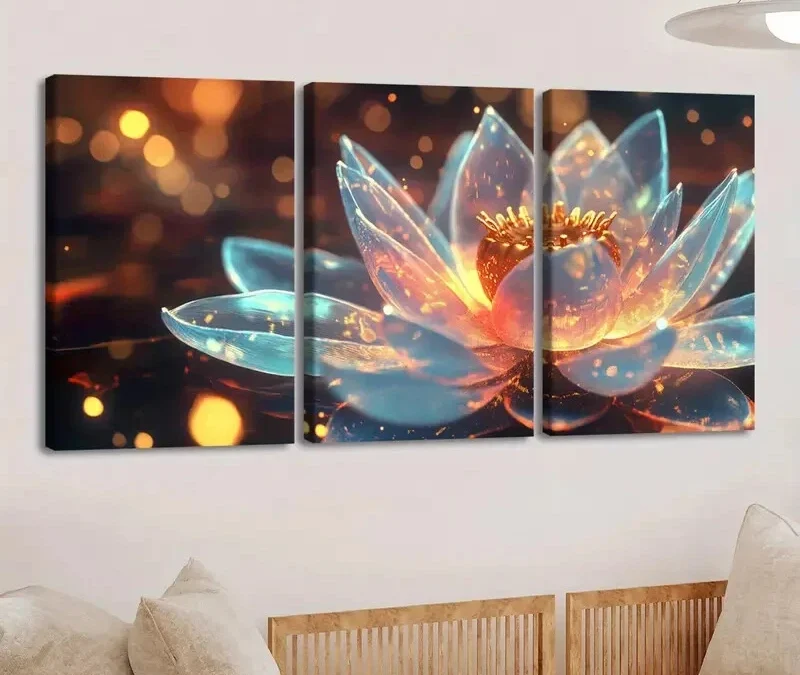 3pcs Vibrant Lotus Flower Light Blue Gold Rounds Wall Art Set Canvas Framed 40x60cm – High Quality Print 100% Australian Made Wall Canvas Ready to Hang