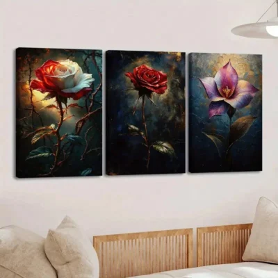 3pcs Charming Floral White & Red Rose Rose Lily Wall Art Set Canvas Framed 40x60cm - High Quality Print 100% Australian Made Wall Canvas Ready to Hang