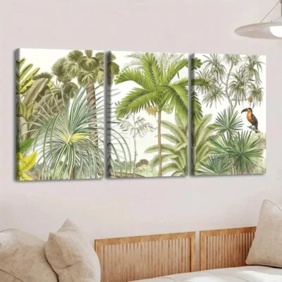3pcs Vibrant Palm Trees Birds Green Nature White Wall Art Set Canvas Framed 40x60cm - High Quality Print 100% Australian Made Wall Canvas Ready to Hang