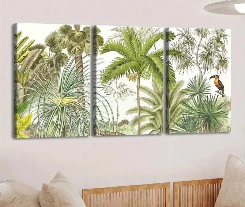 3pcs Vibrant Palm Trees Birds Green Nature White Wall Art Set Canvas Framed 40x60cm – High Quality Print 100% Australian Made Wall Canvas Ready to Hang
