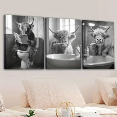 3pcs Highland Cows Bath Yaks, Gray White Buffalo Wall Art Set Canvas Framed 40x60cm - High Quality Print 100% Australian Made Wall Canvas Ready to Hang