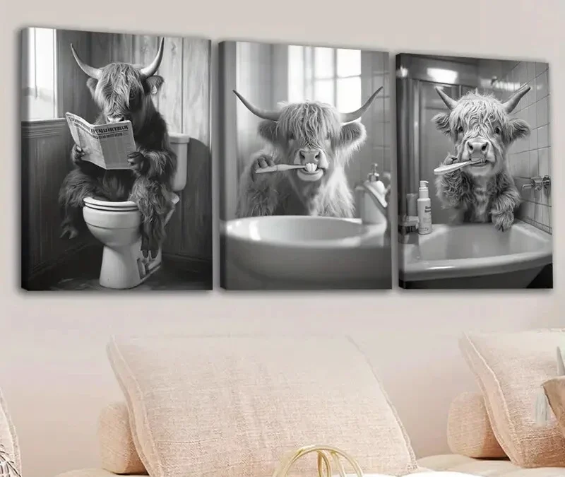 3pcs Highland Cows Bath Yaks, Gray White Buffalo Wall Art Set Canvas Framed 40x60cm – High Quality Print 100% Australian Made Wall Canvas Ready to Hang