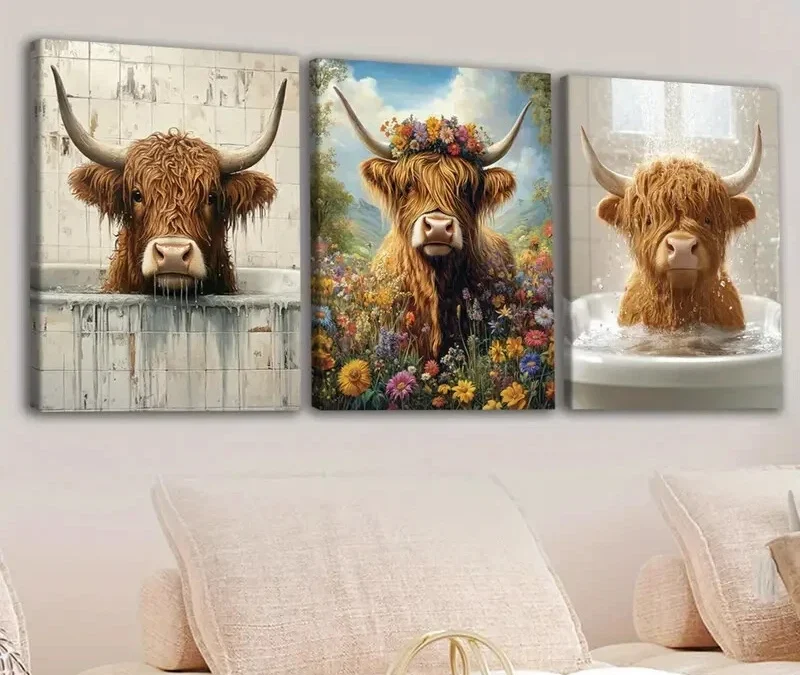 3pcs Highland Cows Blue Sky & White Clouds Brown Wall Art Set Canvas Framed 40x60cm – High Quality Print 100% Australian Made Wall Canvas Ready to Hang