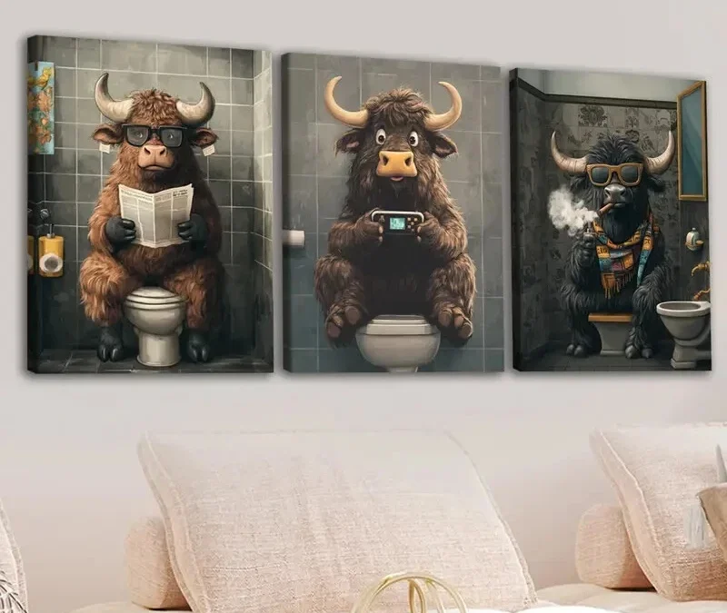 3pcs Highland Cows Smoke Game Grey Blue Golden Wall Art Set Canvas Framed 40x60cm – High Quality Print 100% Australian Made Wall Canvas Ready to Hang