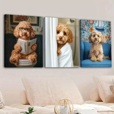 3pcs Cute Dog Toilet Blue & White Brawny Paper Wall Art Set Canvas Framed 40x60cm - High Quality Print 100% Australian Made Wall Canvas Ready to Hang