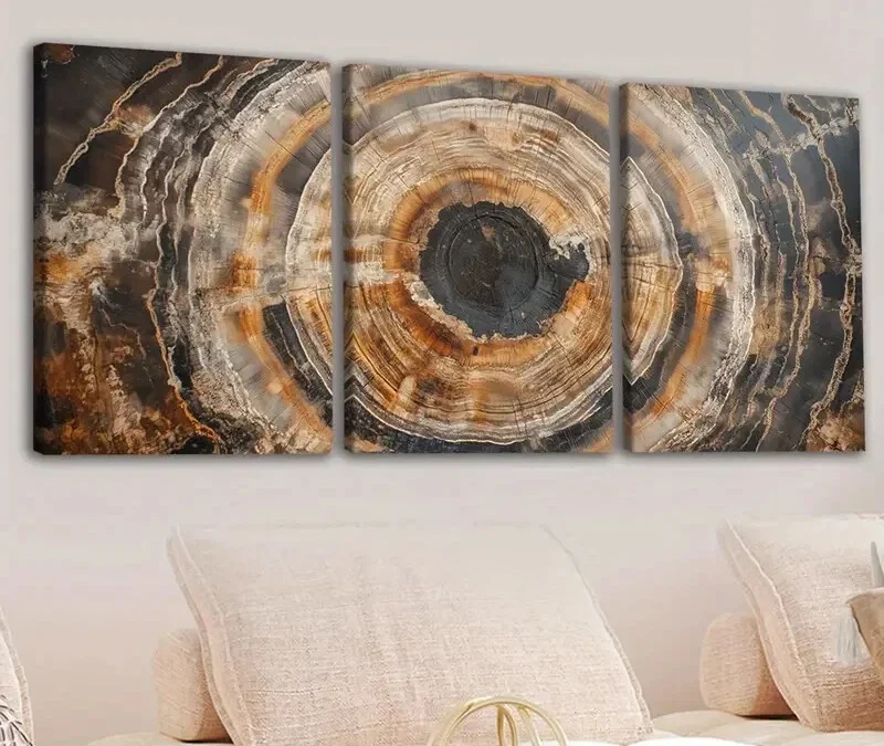 3pcs Abstract Tree Ring Brown Black Gold White Wall Art Set Canvas Framed 40x60cm – High Quality Print 100% Australian Made Wall Canvas Ready to Hang