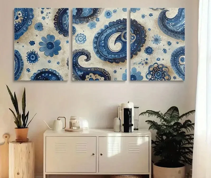 3pcs Seamless Turquoise Paisley Floral & Blue Wall Art Set Canvas Framed 40x60cm – High Quality Print 100% Australian Made Wall Canvas Ready to Hang