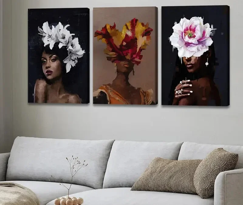 3pcs Fashion Portraits Floral Headpieces Black Wall Art Set Canvas Framed 40x60cm – High Quality Print 100% Australian Made Wall Canvas Ready to Hang