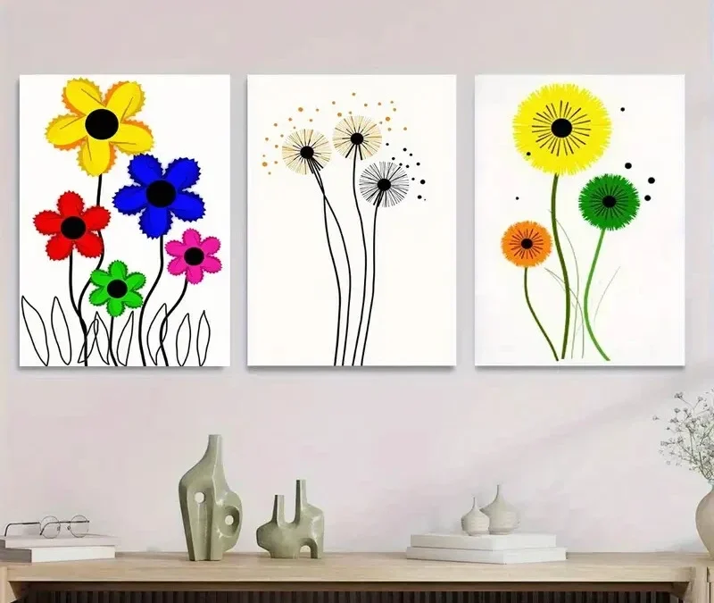 3pcs Vibrant Floral & Dandelion Colorful Flower Wall Art Set Canvas Framed 40x60cm – High Quality Print 100% Australian Made Wall Canvas Ready to Hang