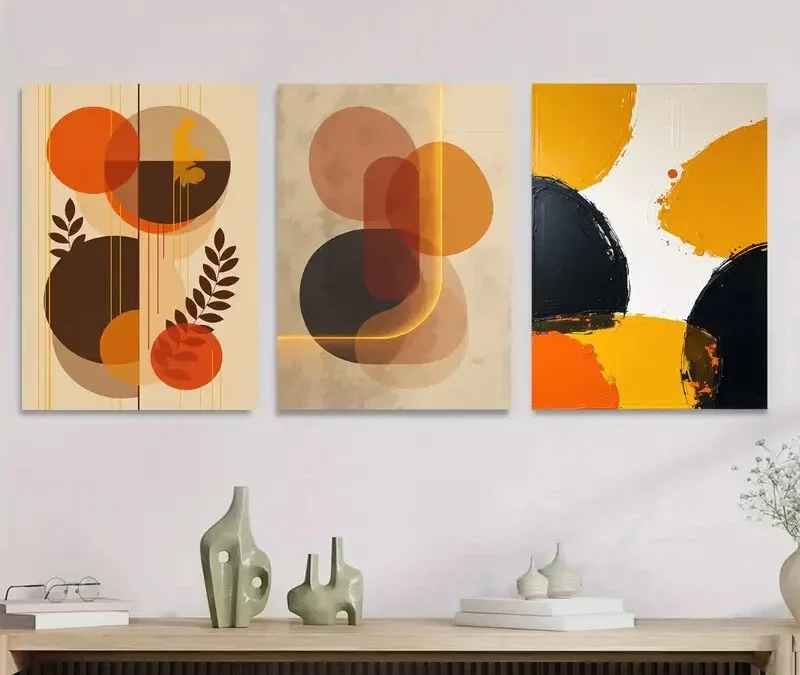 3pcs Abstract Geometric Vibrant Orange, Brown Wall Art Set Canvas Framed 40x60cm – High Quality Print 100% Australian Made Wall Canvas Ready to Hang