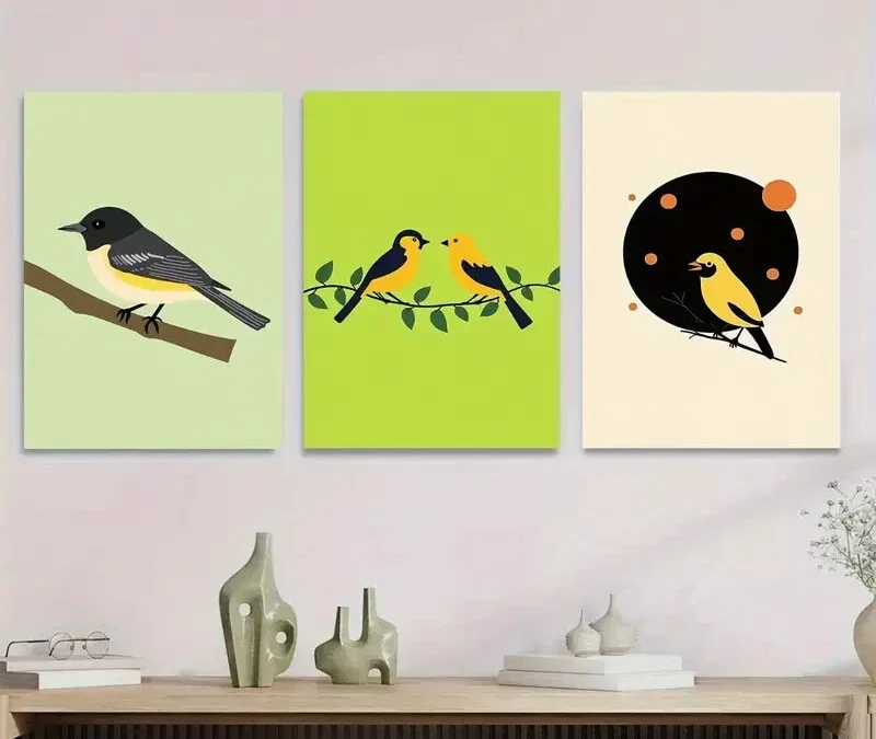 3pcs Modern Minimalist Bird Vibrant Green White Wall Art Set Canvas Framed 40x60cm – High Quality Print 100% Australian Made Wall Canvas Ready to Hang