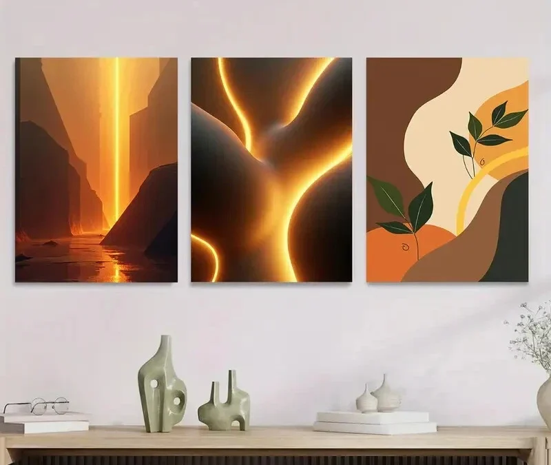 3pcs Modern Abstract Golden Landscape Vibrant Wall Art Set Canvas Framed 40x60cm – High Quality Print 100% Australian Made Wall Canvas Ready to Hang