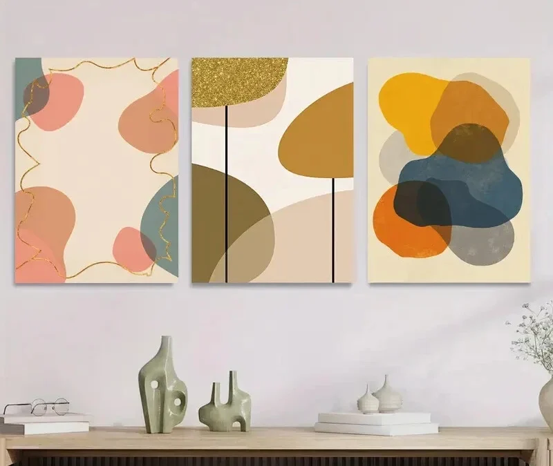 3pcs Modern Abstract Vibrant Geometric Golden Wall Art Set Canvas Framed 40x60cm – High Quality Print 100% Australian Made Wall Canvas Ready to Hang