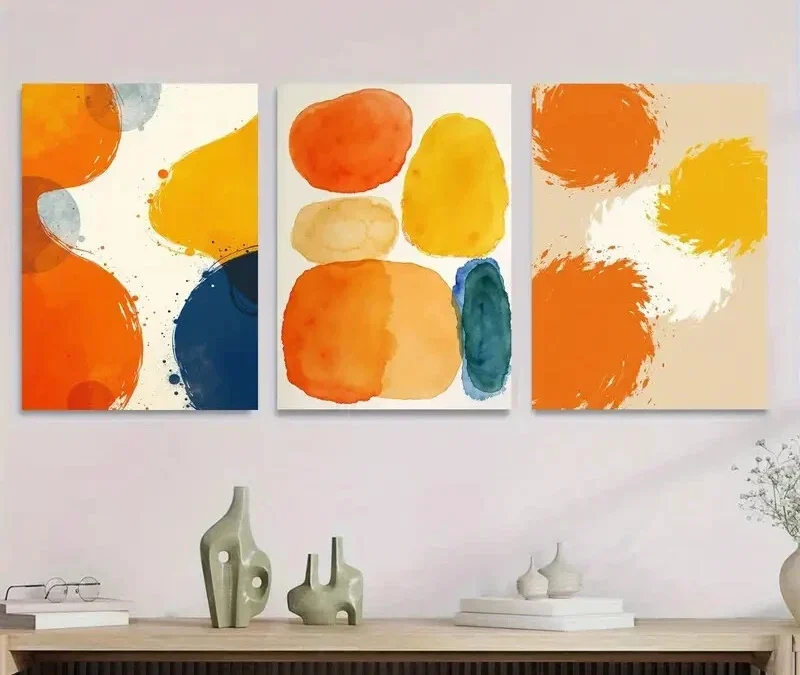 3pcs Vibrant Abstract Watercolor Orange, Blue Wall Art Set Canvas Framed 40x60cm – High Quality Print 100% Australian Made Wall Canvas Ready to Hang