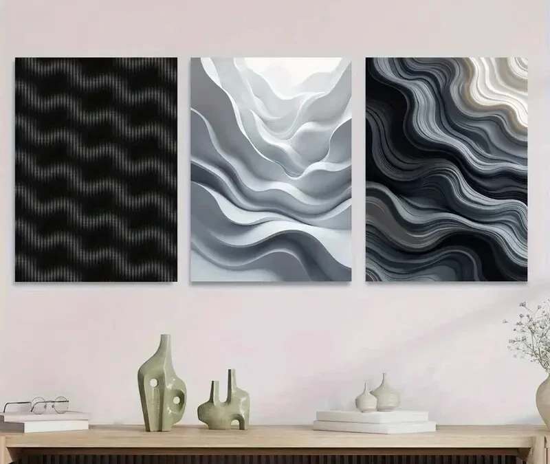 3pcs Modern Abstract Wave Art Black, White Wall Art Set Canvas Framed 40x60cm – High Quality Print 100% Australian Made Wall Canvas Ready to Hang