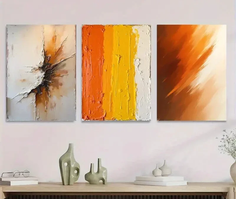 3pcs Abstract Vibrant Orange, Yellow & White Wall Art Set Canvas Framed 40x60cm – High Quality Print 100% Australian Made Wall Canvas Ready to Hang