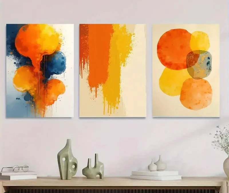3pcs Modern Abstract Watercolor Vibrant Orange Wall Art Set Canvas Framed 40x60cm – High Quality Print 100% Australian Made Wall Canvas Ready to Hang