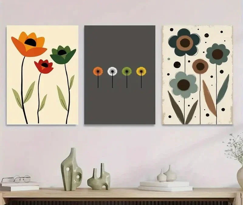 3pcs Modern Floral Vibrant Tulip, Dandelion Wall Art Set Canvas Framed 40x60cm – High Quality Print 100% Australian Made Wall Canvas Ready to Hang
