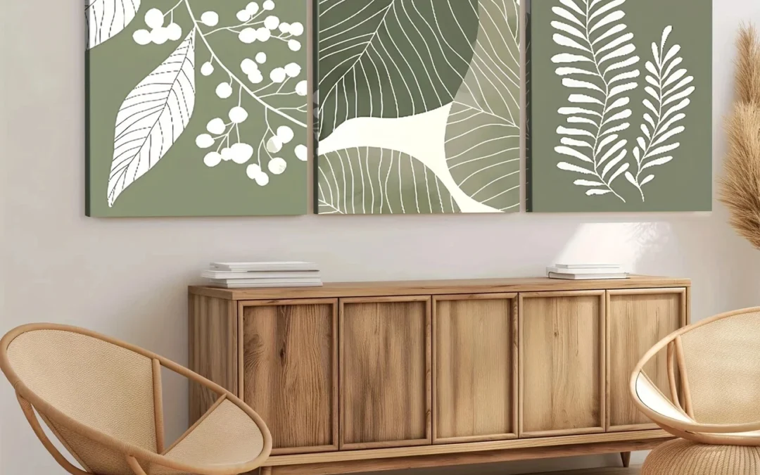 3pcs Bohemian Style Sage Green Plant Leaves Wall Art Set Canvas Framed 40x60cm – High Quality Print 100% Australian Made Wall Canvas Ready to Hang