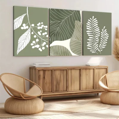 3pcs Bohemian Style Sage Green Plant Leaves Wall Art Set Canvas Framed 40x60cm - High Quality Print 100% Australian Made Wall Canvas Ready to Hang