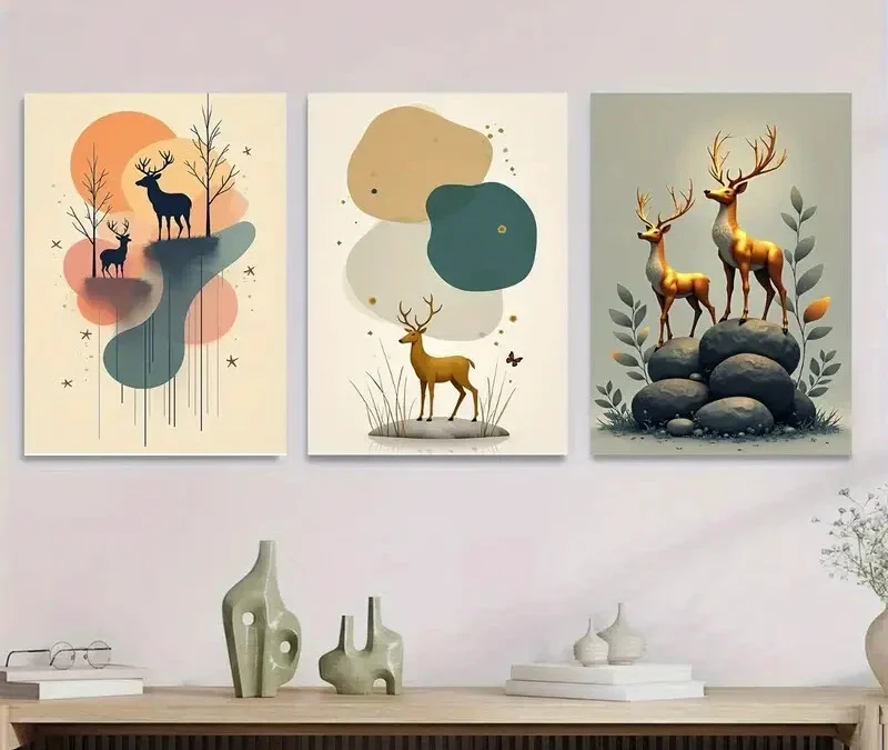 3pcs Deer Themed Abstract Forest Golden Wall Art Set Canvas Framed 40x60cm – High Quality Print 100% Australian Made Wall Canvas Ready to Hang
