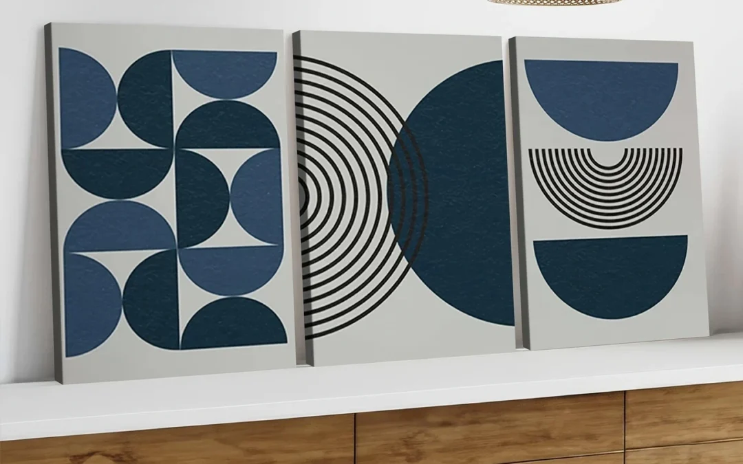 3pcs Navy Blue Bohemian Black Lines Modern Wall Art Set Canvas Framed 40x60cm – High Quality Print 100% Australian Made Wall Canvas Ready to Hang