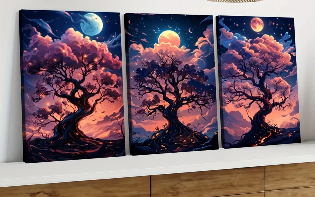 3pcs Cartoon Tree Glowing Branches Pink Clouds Wall Art Set Canvas Framed 40x60cm – High Quality Print 100% Australian Made Wall Canvas Ready to Hang