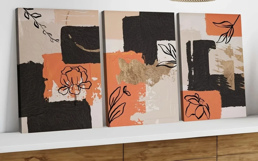 3pcs Orange Abstract Modern Black Line Flower Wall Art Set Canvas Framed 40x60cm – High Quality Print 100% Australian Made Wall Canvas Ready to Hang