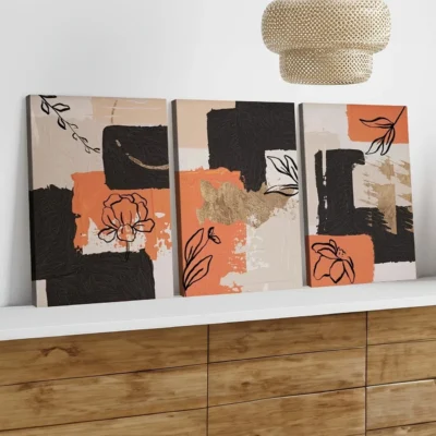 3pcs Orange Abstract Modern Black Line Flower Wall Art Set Canvas Framed 40x60cm - High Quality Print 100% Australian Made Wall Canvas Ready to Hang