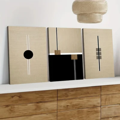 3pcs Black Round Box Lines White Lines Wall Art Set Canvas Framed 40x60cm - High Quality Print 100% Australian Made Wall Canvas Ready to Hang