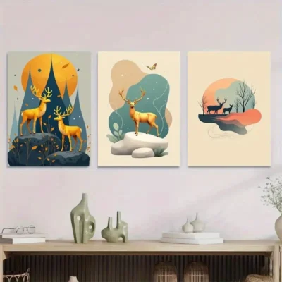 3pcs Modern Deer Forest Elegant Nature Golden Wall Art Set Canvas Framed 40x60cm - High Quality Print 100% Australian Made Wall Canvas Ready to Hang