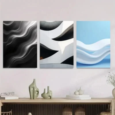 3pcs Modern Abstract Black & White Geometricn Wall Art Set Canvas Framed 40x60cm - High Quality Print 100% Australian Made Wall Canvas Ready to Hang