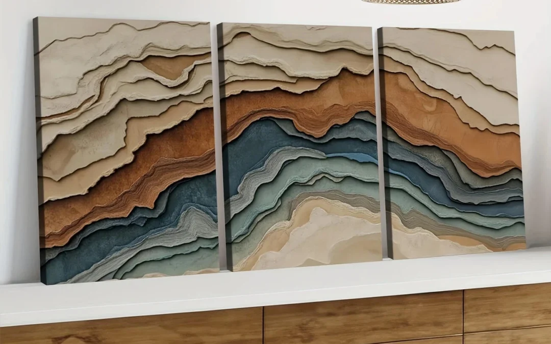 3pcs Abstract Earth Tones Blue Wave Brown Gray Wall Art Set Canvas Framed 40x60cm – High Quality Print 100% Australian Made Wall Canvas Ready to Hang