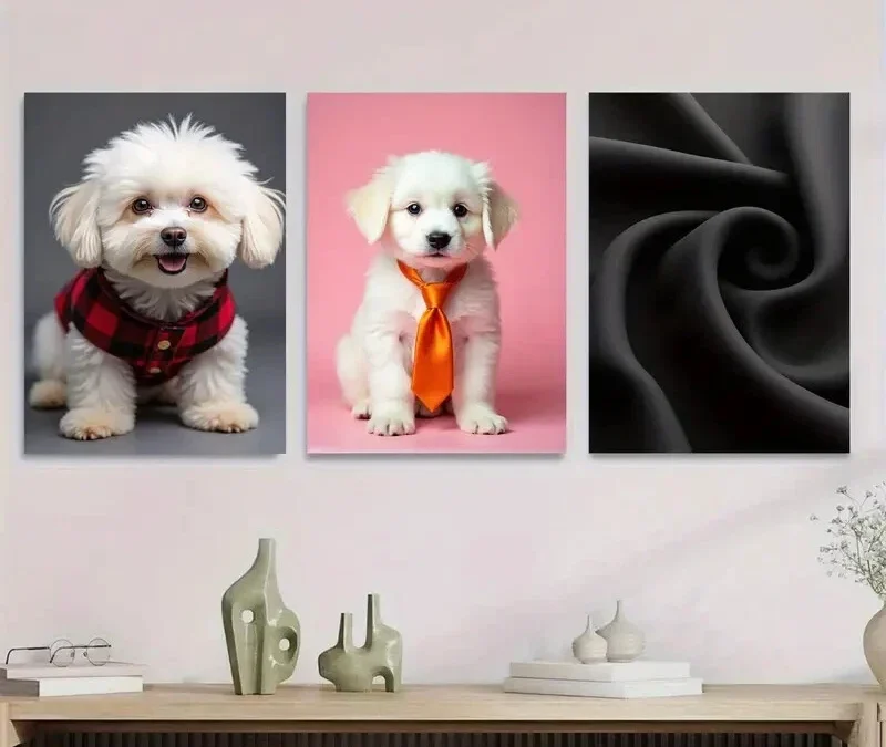 3pcs Cute Puppy Adorable Dog Pink & Black Wall Art Set Canvas Framed 40x60cm – High Quality Print 100% Australian Made Wall Canvas Ready to Hang