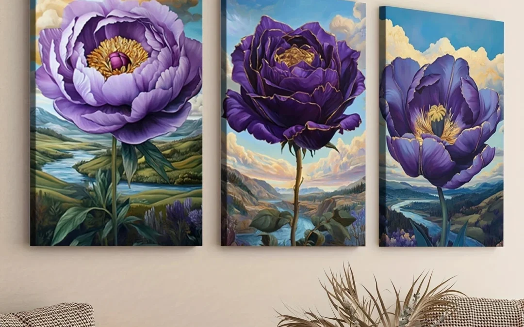 3pcs Abstract Charming Purple Flowers Blue Sky Wall Art Set Canvas Framed 40x60cm – High Quality Print 100% Australian Made Wall Canvas Ready to Hang