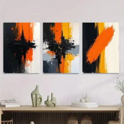 3pcs Abstract Vibrant Orange & Black White Wall Art Set Canvas Framed 40x60cm - High Quality Print 100% Australian Made Wall Canvas Ready to Hang