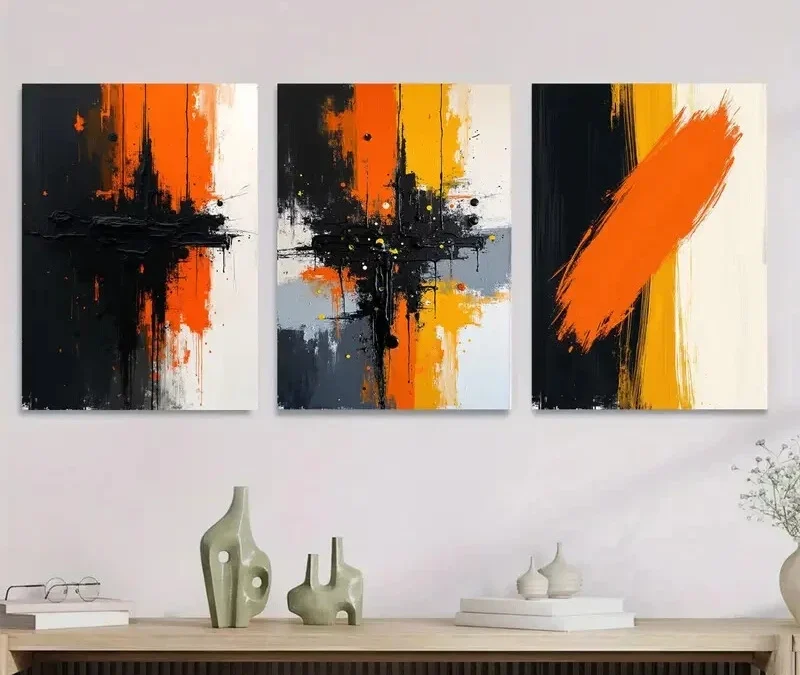3pcs Abstract Vibrant Orange & Black White Wall Art Set Canvas Framed 40x60cm – High Quality Print 100% Australian Made Wall Canvas Ready to Hang