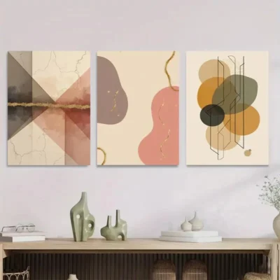 3pcs Modern Abstract Geometric Shapes & Golden Wall Art Set Canvas Framed 40x60cm - High Quality Print 100% Australian Made Wall Canvas Ready to Hang