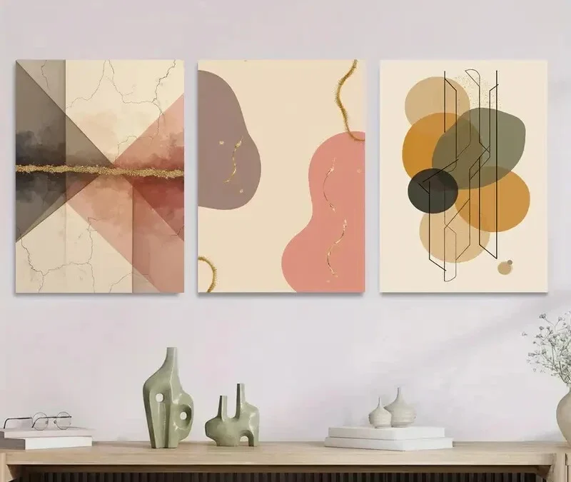 3pcs Modern Abstract Geometric Shapes & Golden Wall Art Set Canvas Framed 40x60cm – High Quality Print 100% Australian Made Wall Canvas Ready to Hang