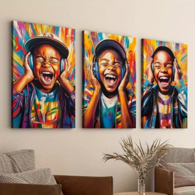 3pcs Elegant African American Boy Colorful Wall Art Set Canvas Framed 40x60cm - High Quality Print 100% Australian Made Wall Canvas Ready to Hang