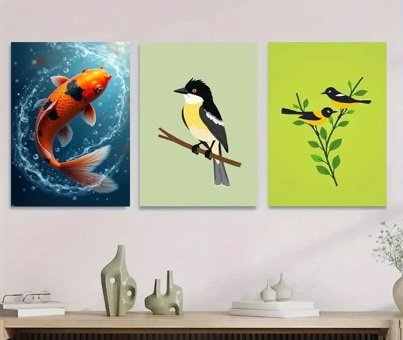 3pcs Colorful Fish and Birds Vibrant Nature Wall Art Set Canvas Framed 40x60cm – High Quality Print 100% Australian Made Wall Canvas Ready to Hang