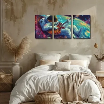 3pcs Astronaut Playing Guitar in Space  Wall Art Set Canvas Framed 50x70cm - High Quality Print 100% Australian Made Wall Canvas Ready to Hang