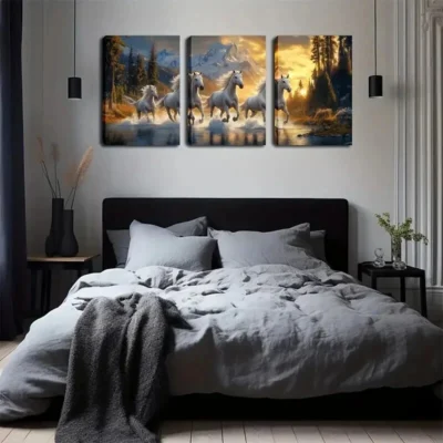 3pcs four white horses running in the river  Wall Art Set Canvas Framed 50x70cm - High Quality Print 100% Australian Made Wall Canvas Ready to Hang