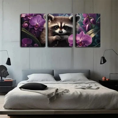 3pcs Raccoon & Orchid Dreamy Landscape Wall Art Set Canvas Framed 50x70cm - High Quality Print 100% Australian Made Wall Canvas Ready to Hang