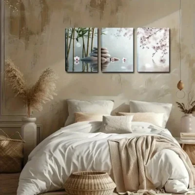 3pcs Water Surface, Bamboo Forest, Stone Tower Wall Art Set Canvas Framed 50x70cm - High Quality Print 100% Australian Made Wall Canvas Ready to Hang