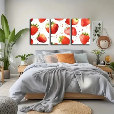 3pcs Vibrant Red Strawberries with Green Leaves Wall Art Set Canvas Framed 50x70cm - High Quality Print 100% Australian Made Wall Canvas Ready to Hang
