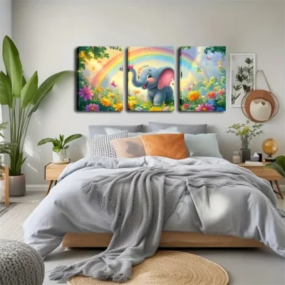 3pcs Baby Elephant and Floral Cartoon Design Wall Art Set Canvas Framed 50x70cm - High Quality Print 100% Australian Made Wall Canvas Ready to Hang
