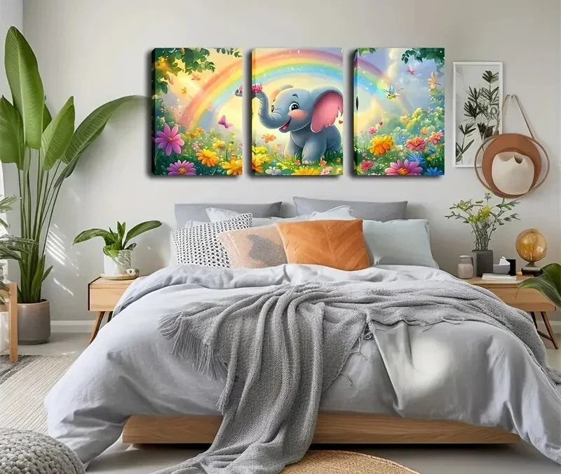 3pcs Baby Elephant and Floral Cartoon Design Wall Art Set Canvas Framed 50x70cm – High Quality Print 100% Australian Made Wall Canvas Ready to Hang